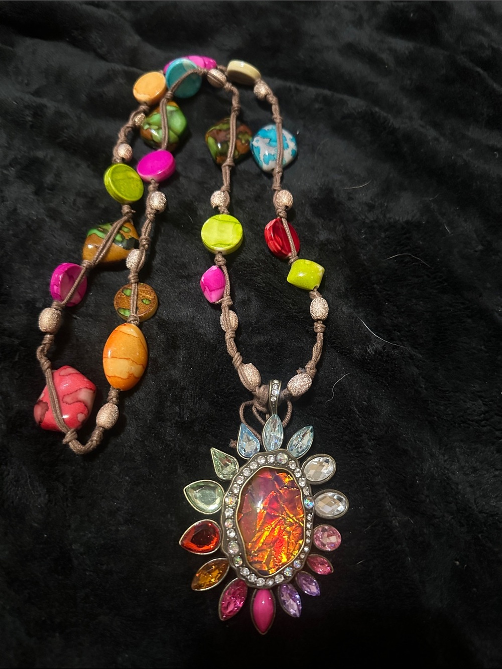 BOHO Multicolor Unique Beads Multi-colors w/ Sunburst Pendant Necklace HAVE FUN
